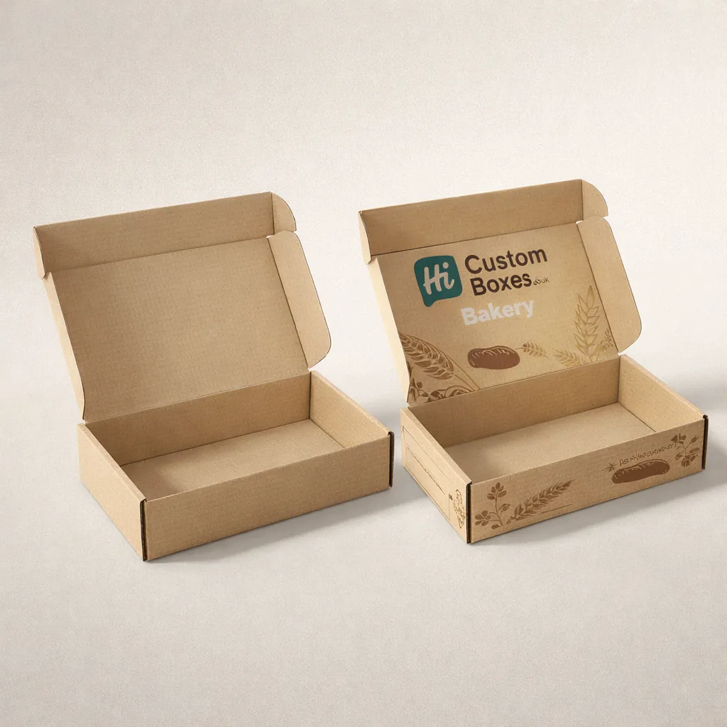 Two open eco friendly brown kraft boxes with custom bakery logos and illustrations printed on top. class=